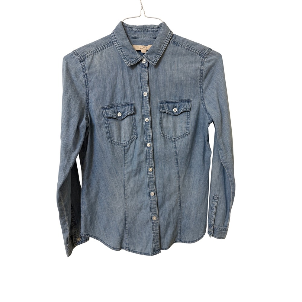 LOFT Denim Shirt Women MP Medium Petite Light Wash Cotton Button Down Pocket